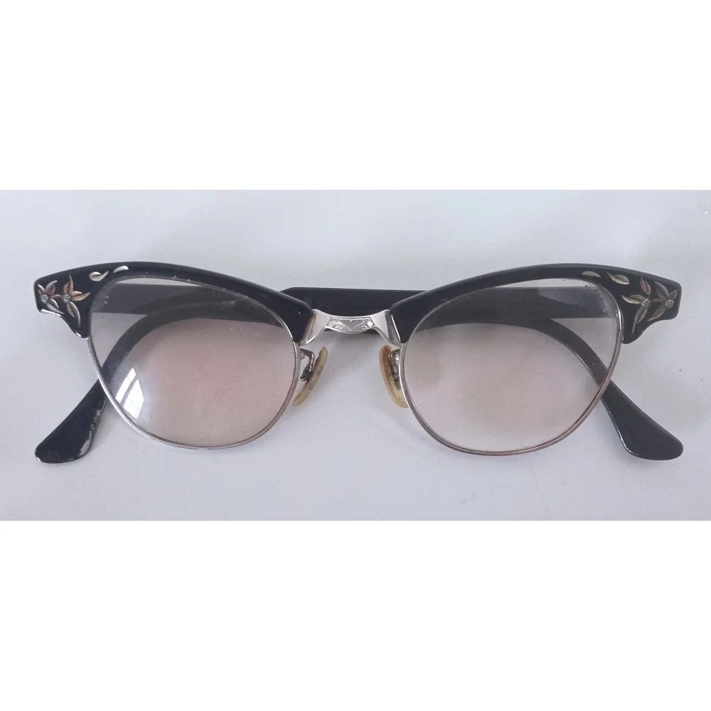 Vintage Art-Craft Cat Eye‎ Glasses Black Aluminum Browline Floral Etched USA 50s